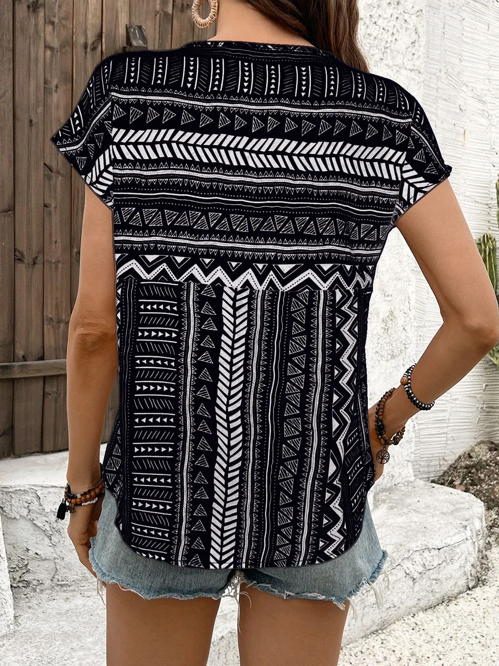 Geometric Print Short Sleeve Blouse, image 6