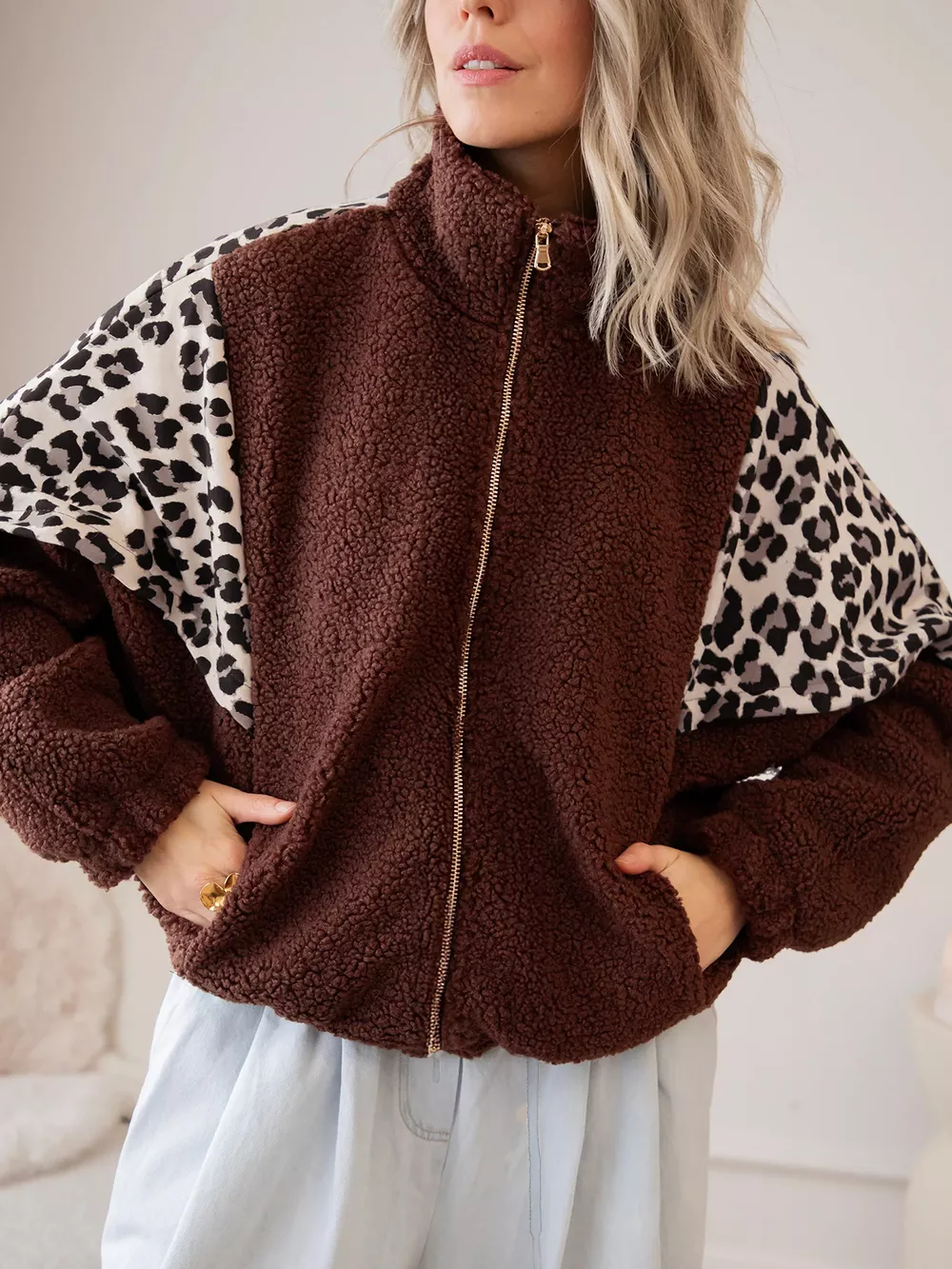 Leopard Patchwork Fleece Western Style Zip-up Collar Jacket, image 4