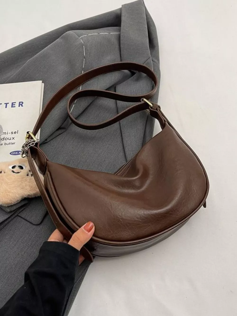 Crescent Shoulder Bag with Plush Charm, image 6