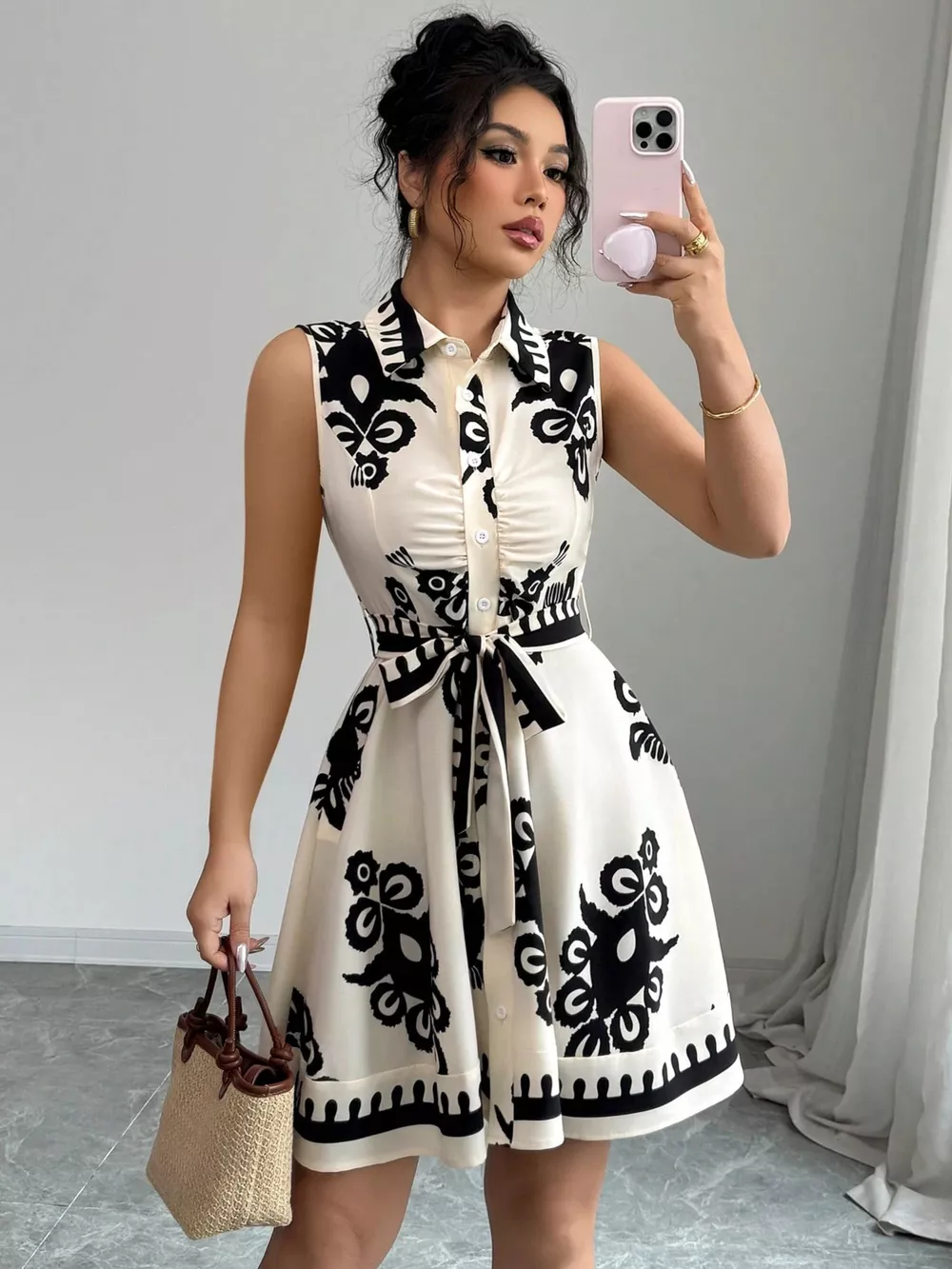 Sleeveless Ruched Printed Tie Waist Dress, image 12
