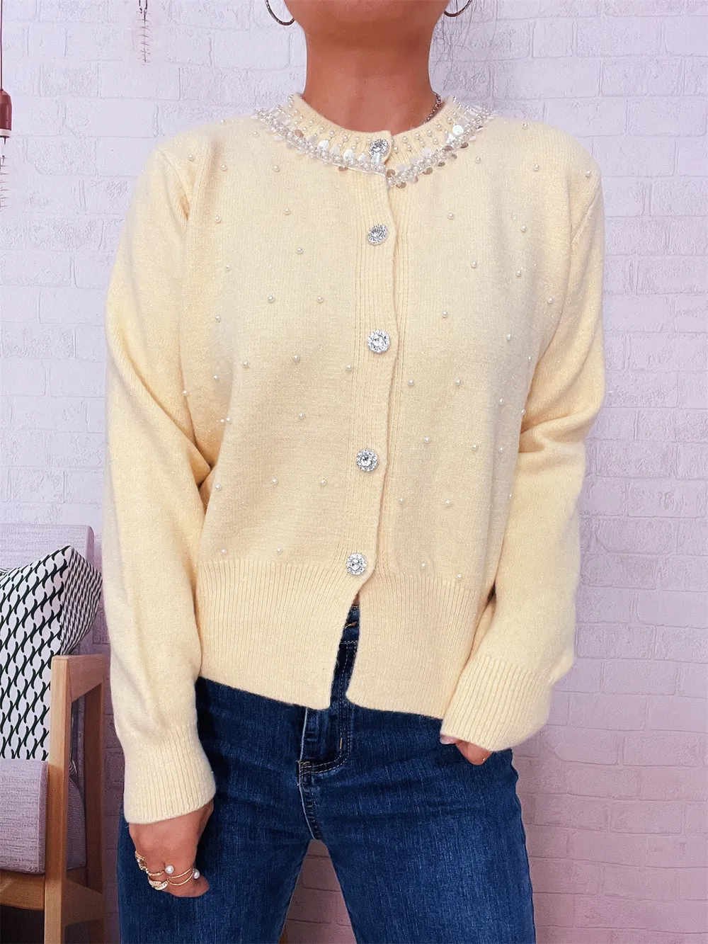 Pearl Detail Button-Front Cardigan, image 25