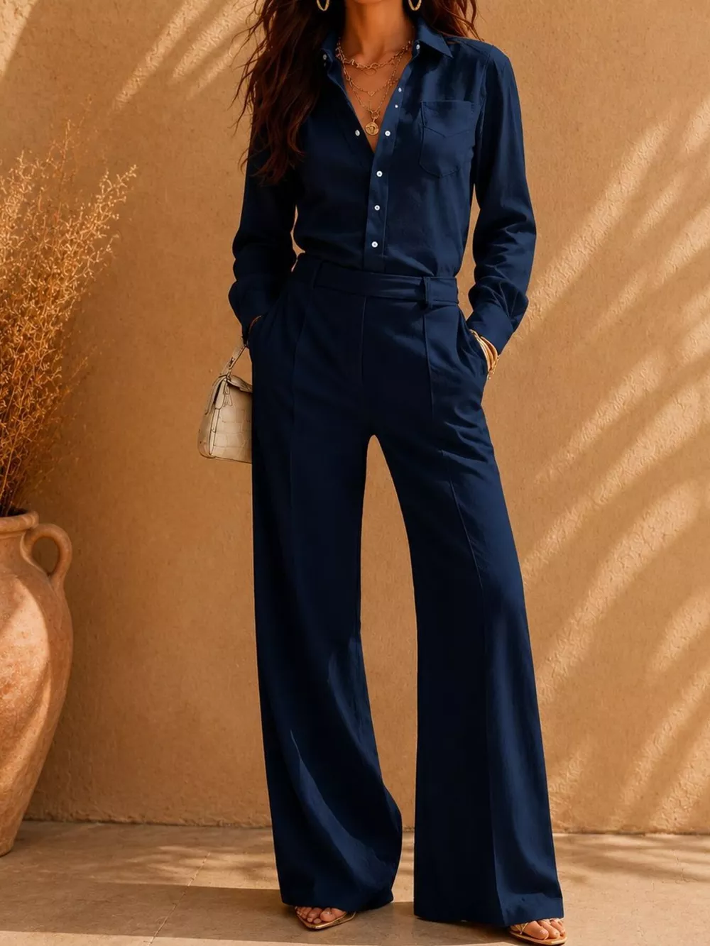 Long Sleeve Shirt and Wide-Leg Pants Set, image 8