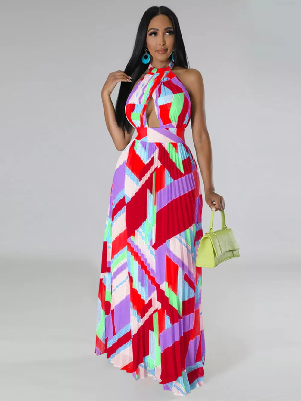 Halter Neck Geometric Print Pleated Maxi Dress, image 5