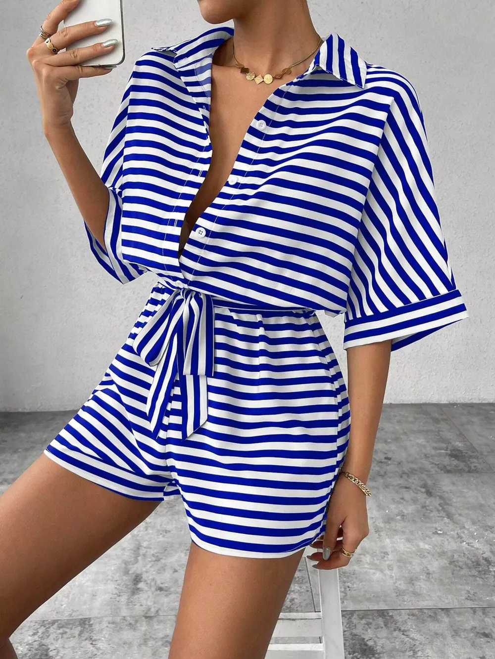 Striped Button Front Half Sleeve Romper, image 4