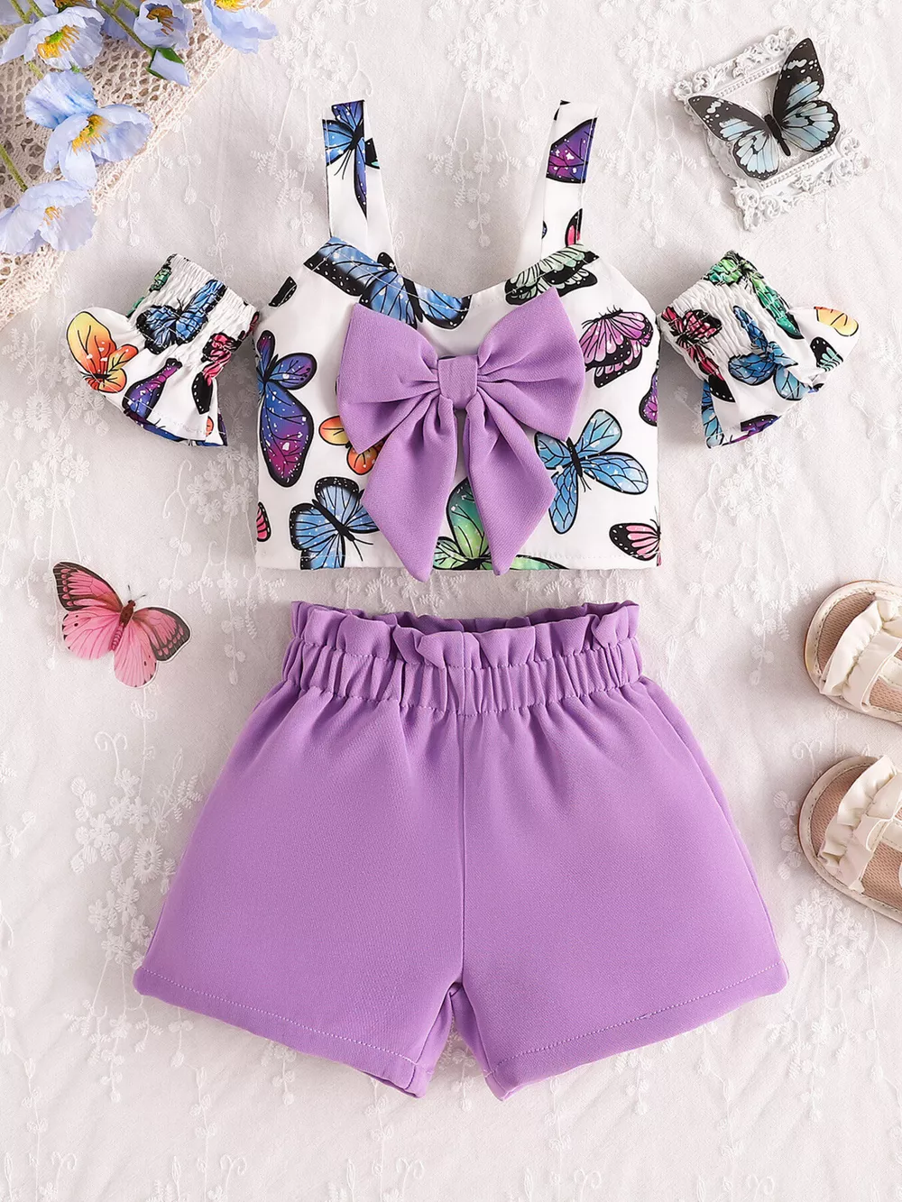 Children's Butterfly Print Bowknot Crop Top & Ruffle Shorts Set, image 2
