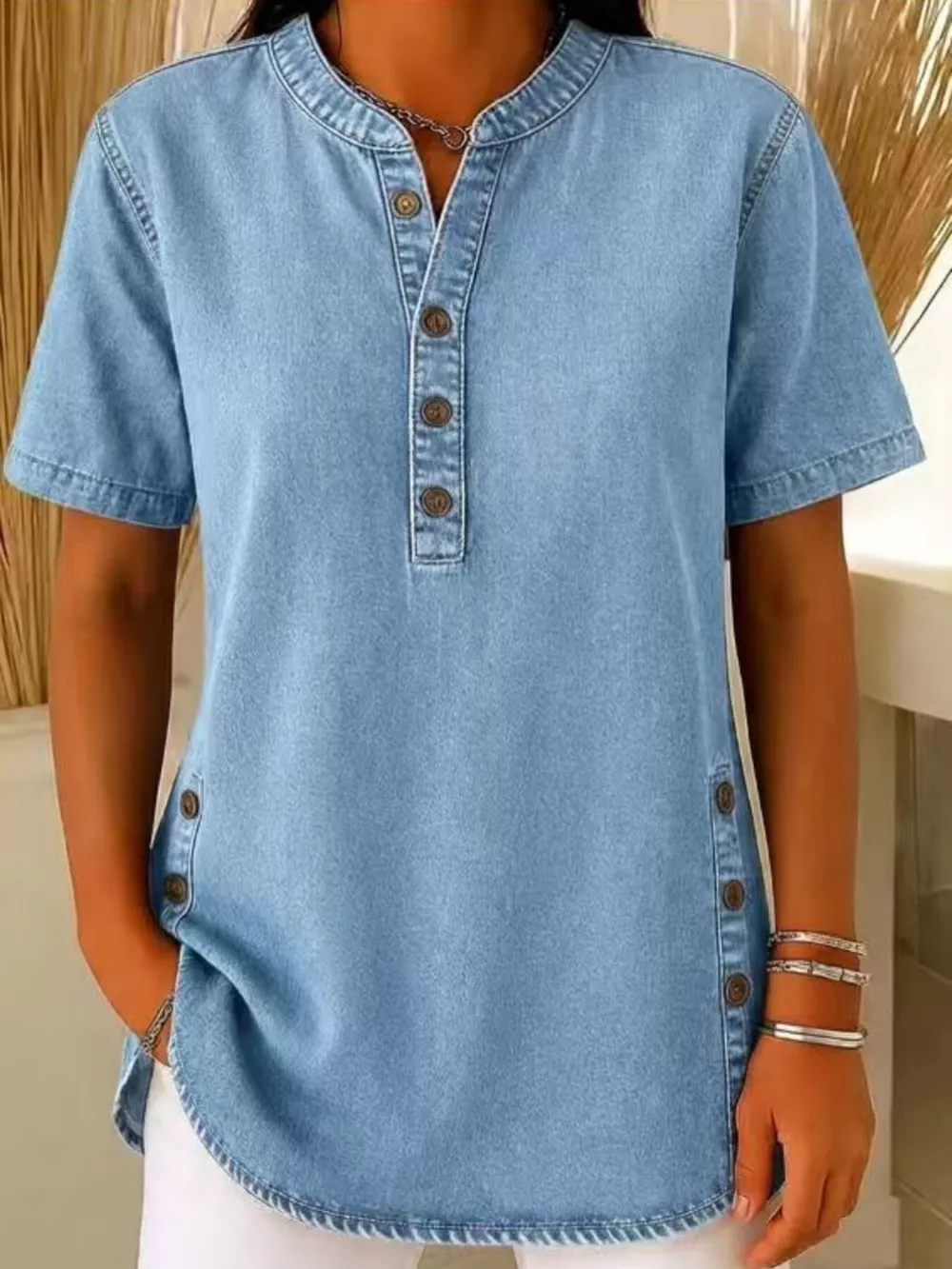 Full Size Button Detail Short Sleeve Blouse Plus Size, image 7
