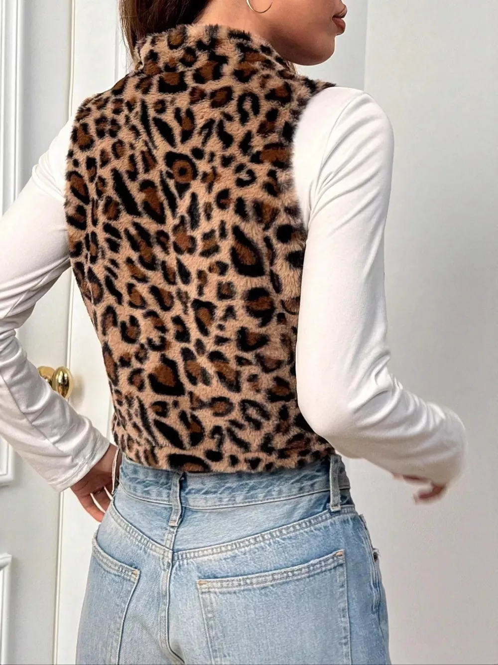 Leopard Zip Up Faux Fur Cropped Vest Coat, image 5