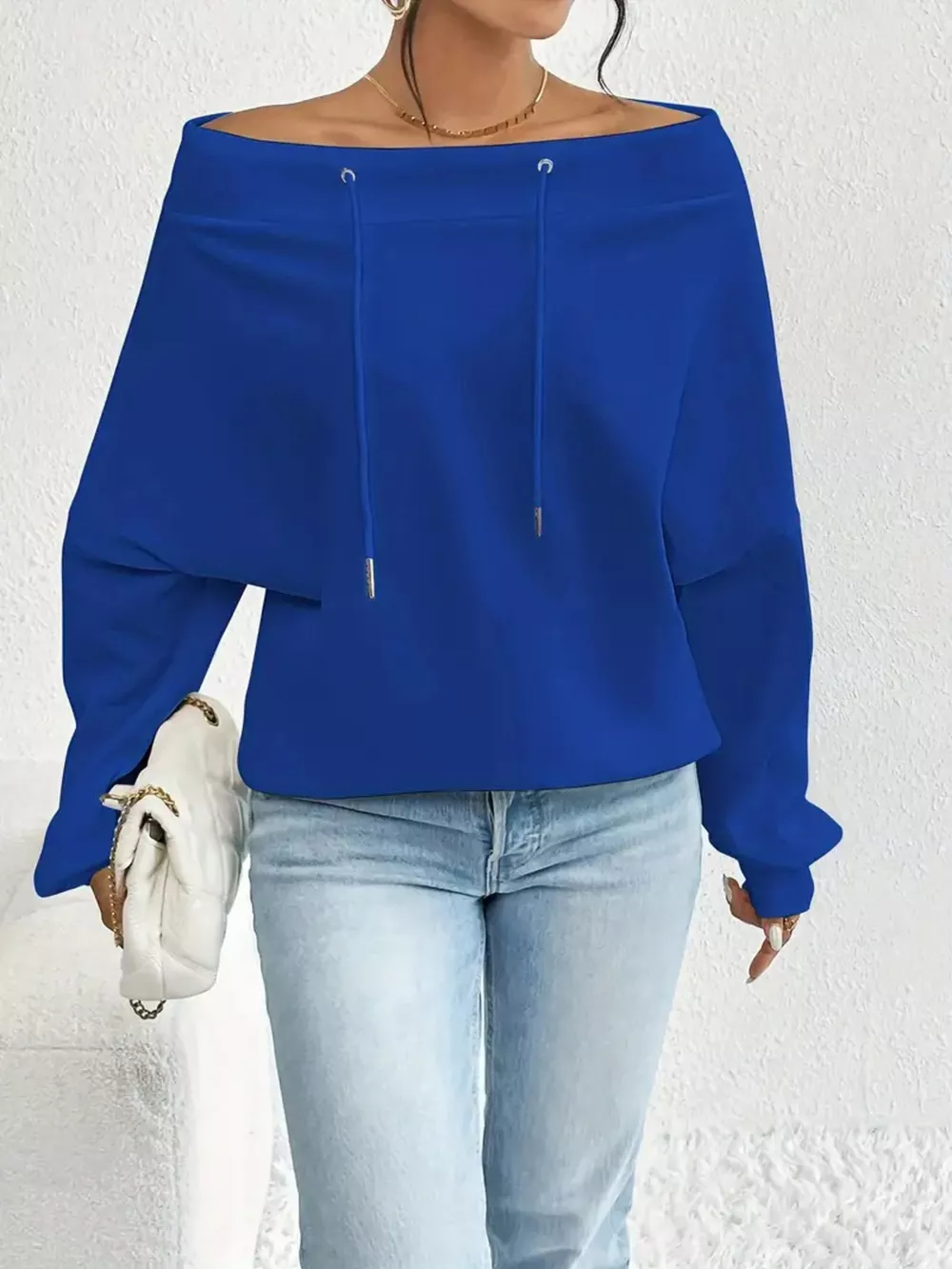 Full Size Off-Shoulder Drawstring Long Sleeve Top Plus Size, image 16