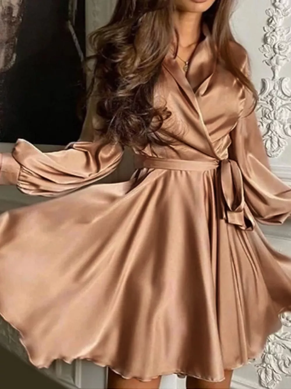 Satin Surplice Long Sleeve Mini Dress, image 4