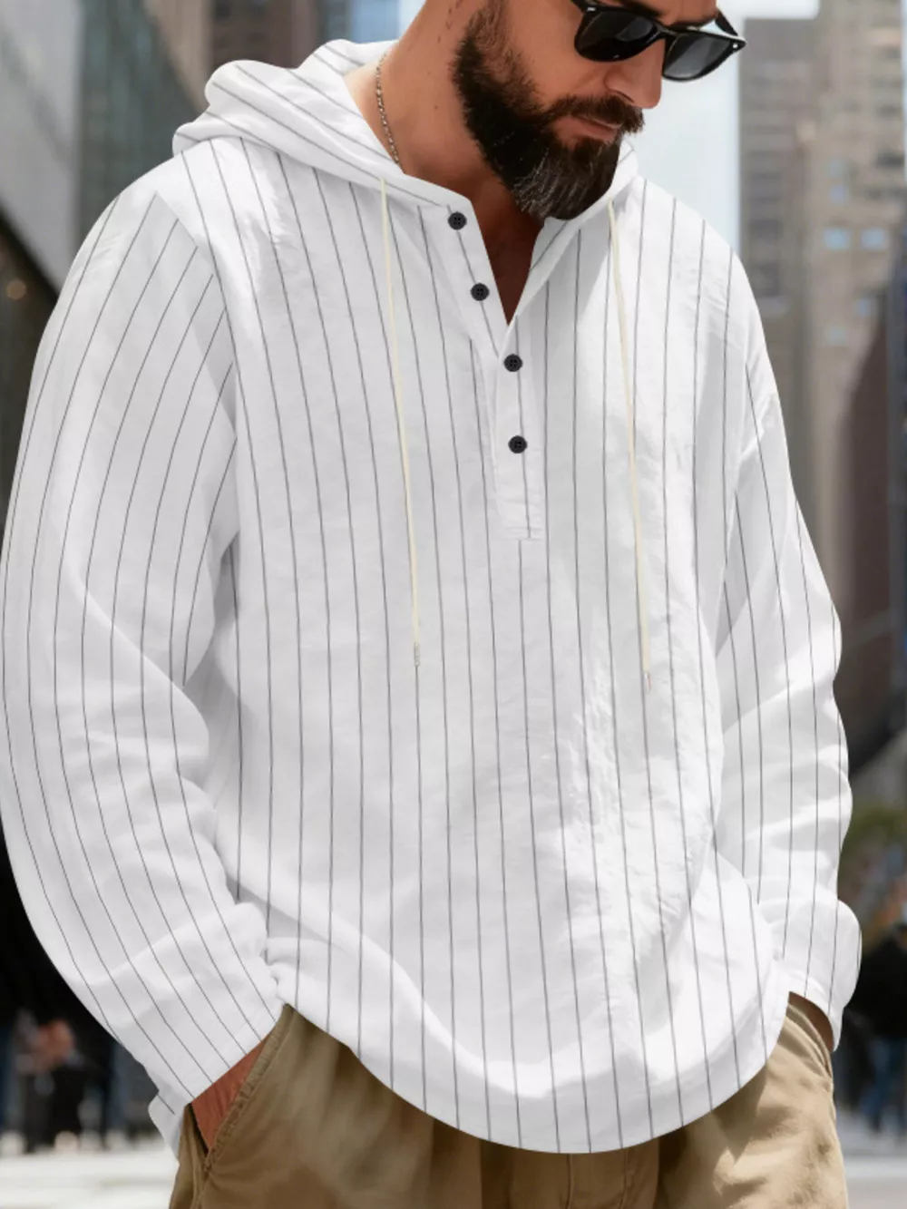 Men's Full Size Casual Striped Henley Hoodie with Drawstring Plus Size, image 3