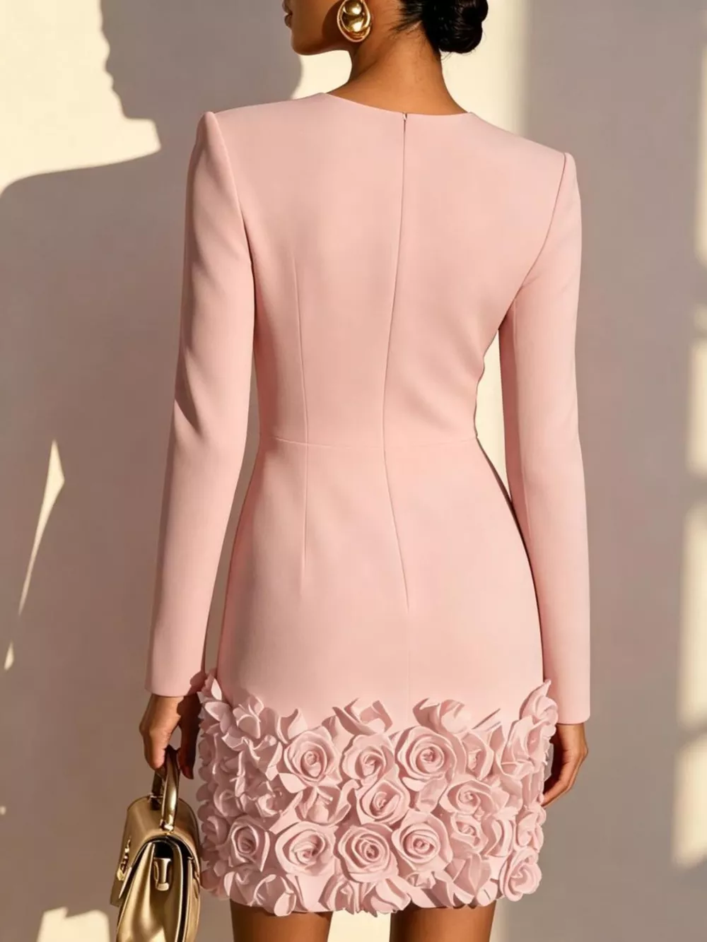 V-Neck Long Sleeve Mini Dress with 3D Rose Floral Hem, image 3
