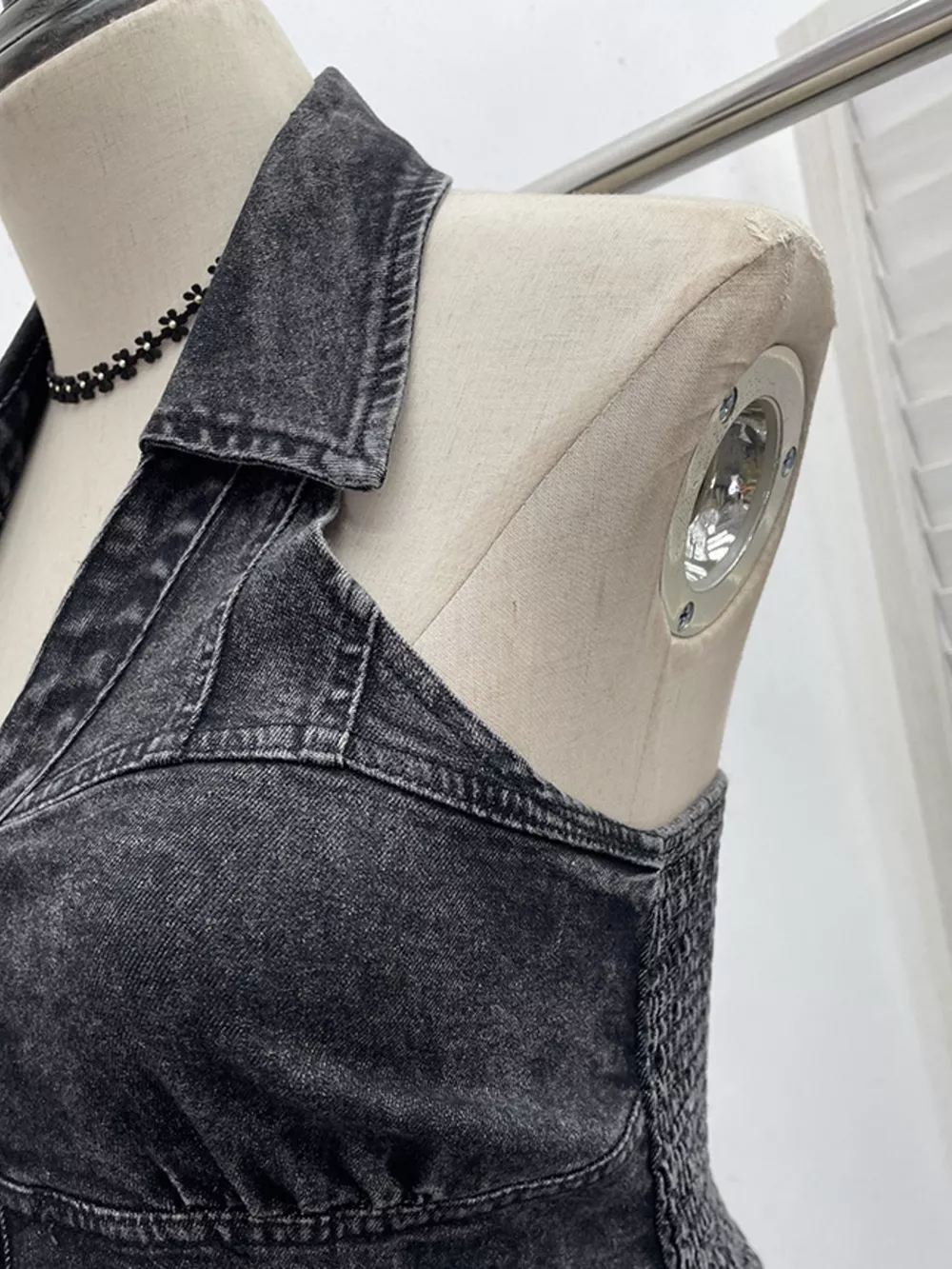 Smocked Denim Halter Collar Top, image 11