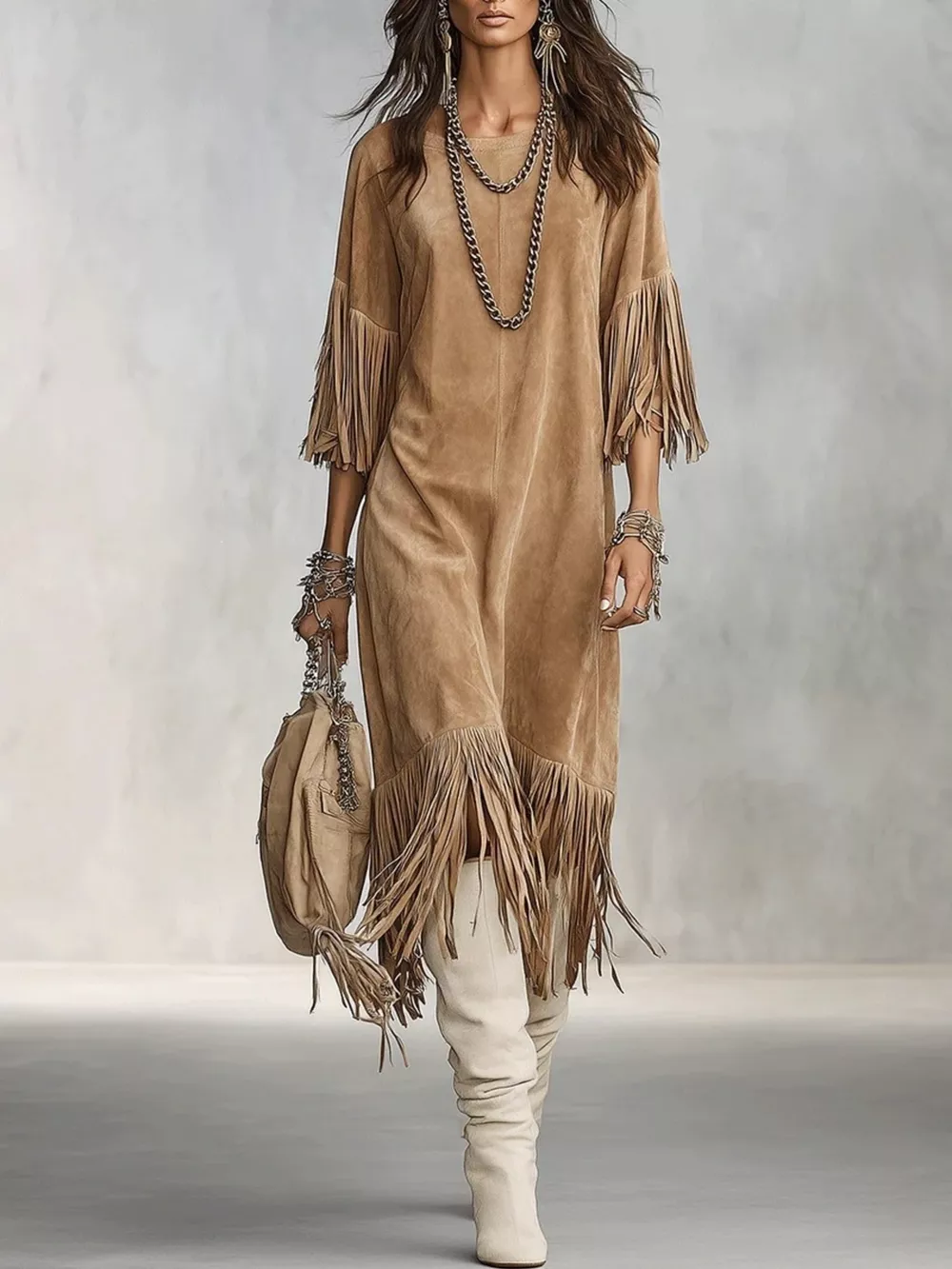 Fringed Round Neck Midi Dress, image 2