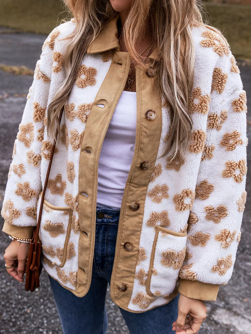 Flower Pattern Button Up Fleece Jacket, image 3