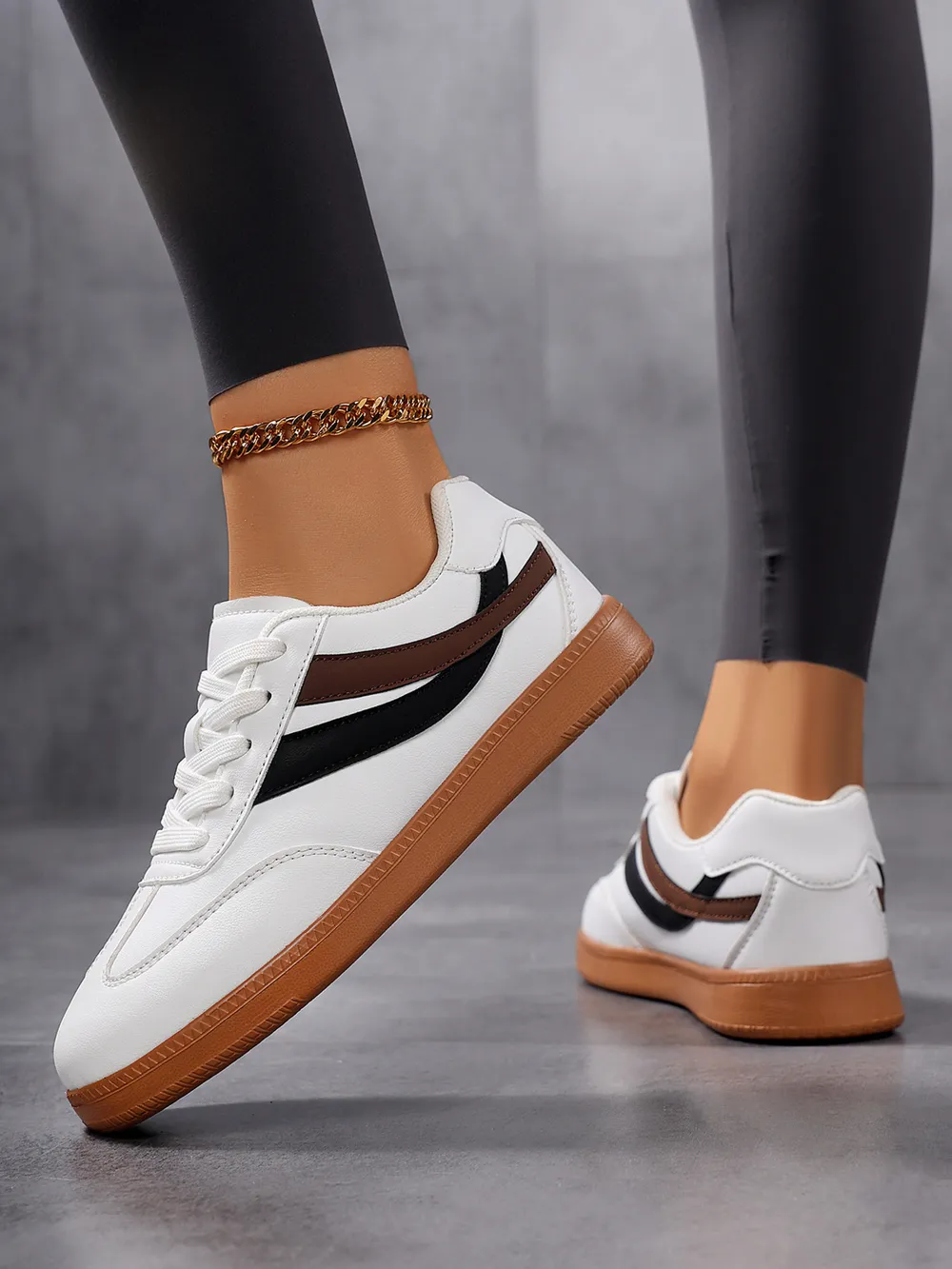 Lace Up Flat Sneakers with Stripe Accent, image 2