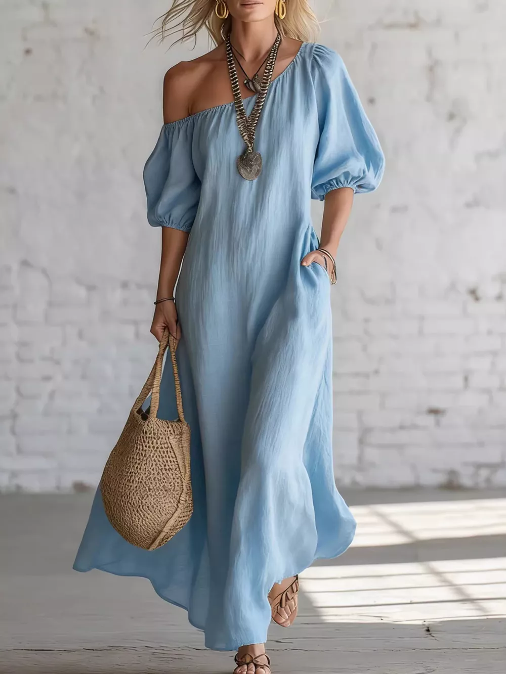 One-Shoulder Puff Sleeve Maxi Dress, image 2