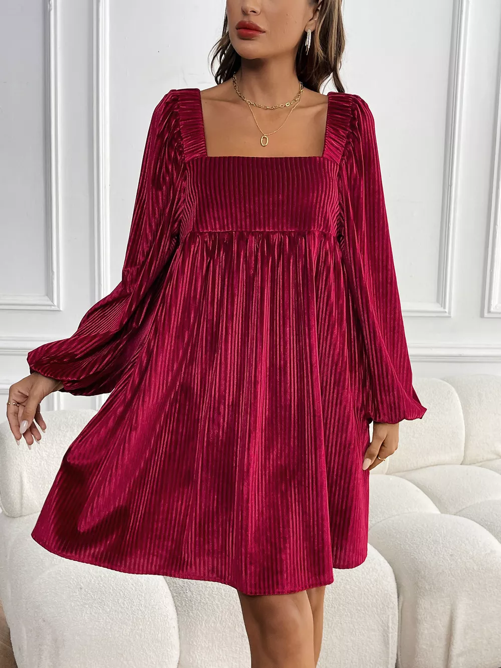 Velvet Square Neck Long Sleeve Dress, image 12