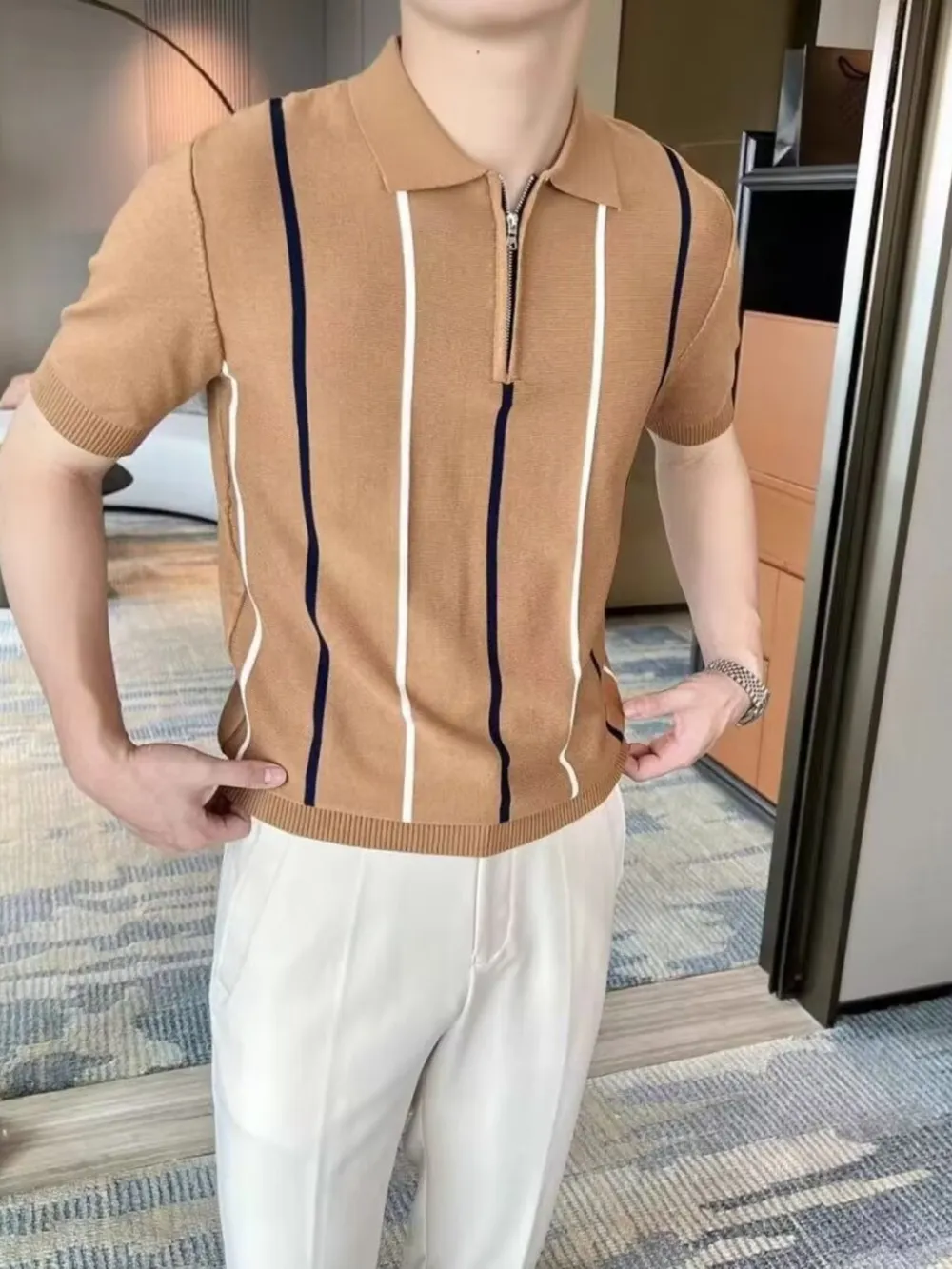 Men's Full Size Striped Zip Collar Short Sleeve Knit Polo Shirt Plus Size, image 4