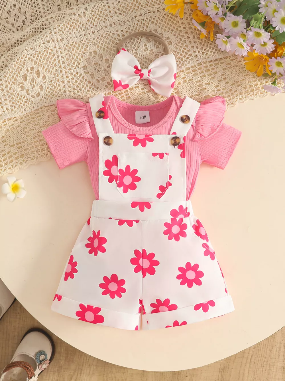 Children's Floral Print Overalls and Ribbed Top Set with Bow Headband