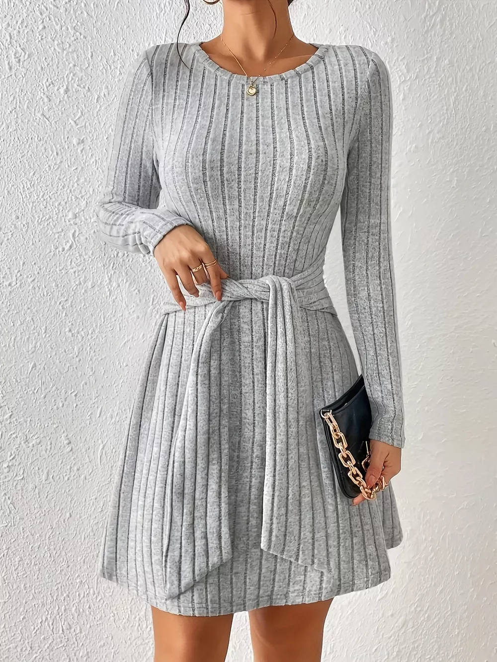 Ribbed Knit Tie Waist Long Sleeve Casual Dress, image 2