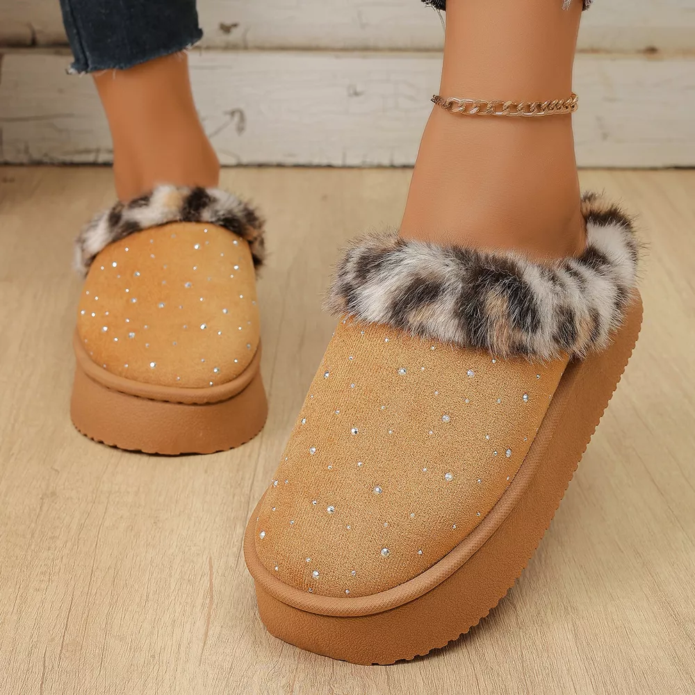 Rhinestone Faux Fur Platform Slippers, image 6