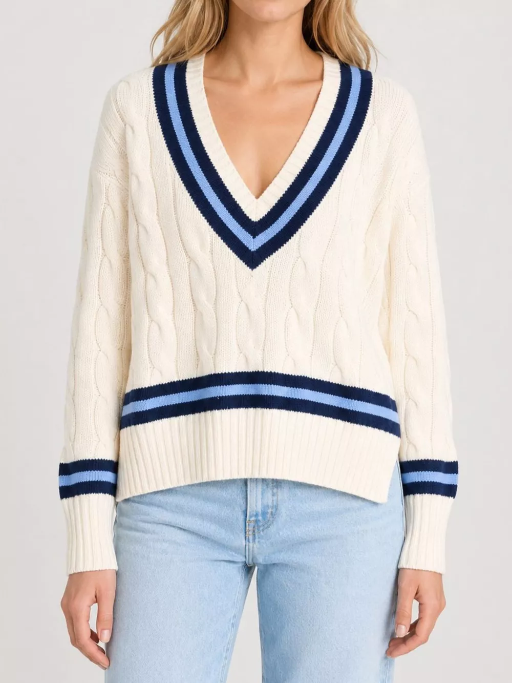 V-Neck Cable Knit Sweater with Contrast Striped Trim