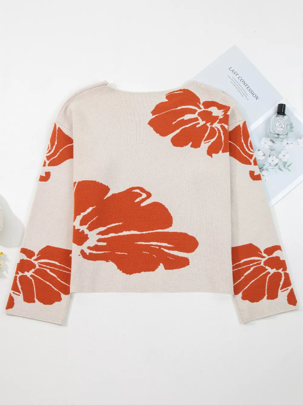 Flower Pattern Wide Sleeve Baggy Sweater, image 6