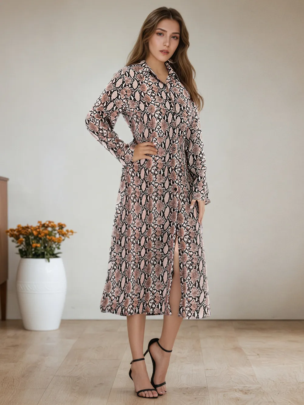 Snake Print Long Sleeve Shirt Dress, image 4