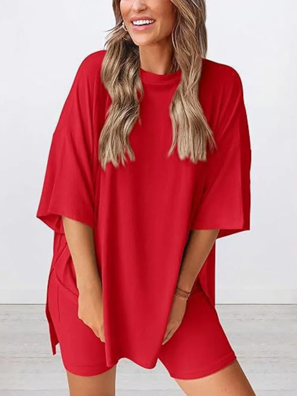 Full Size Oversized Slit Round Neck Top and Shorts Lounge Set Plus Size, image 11