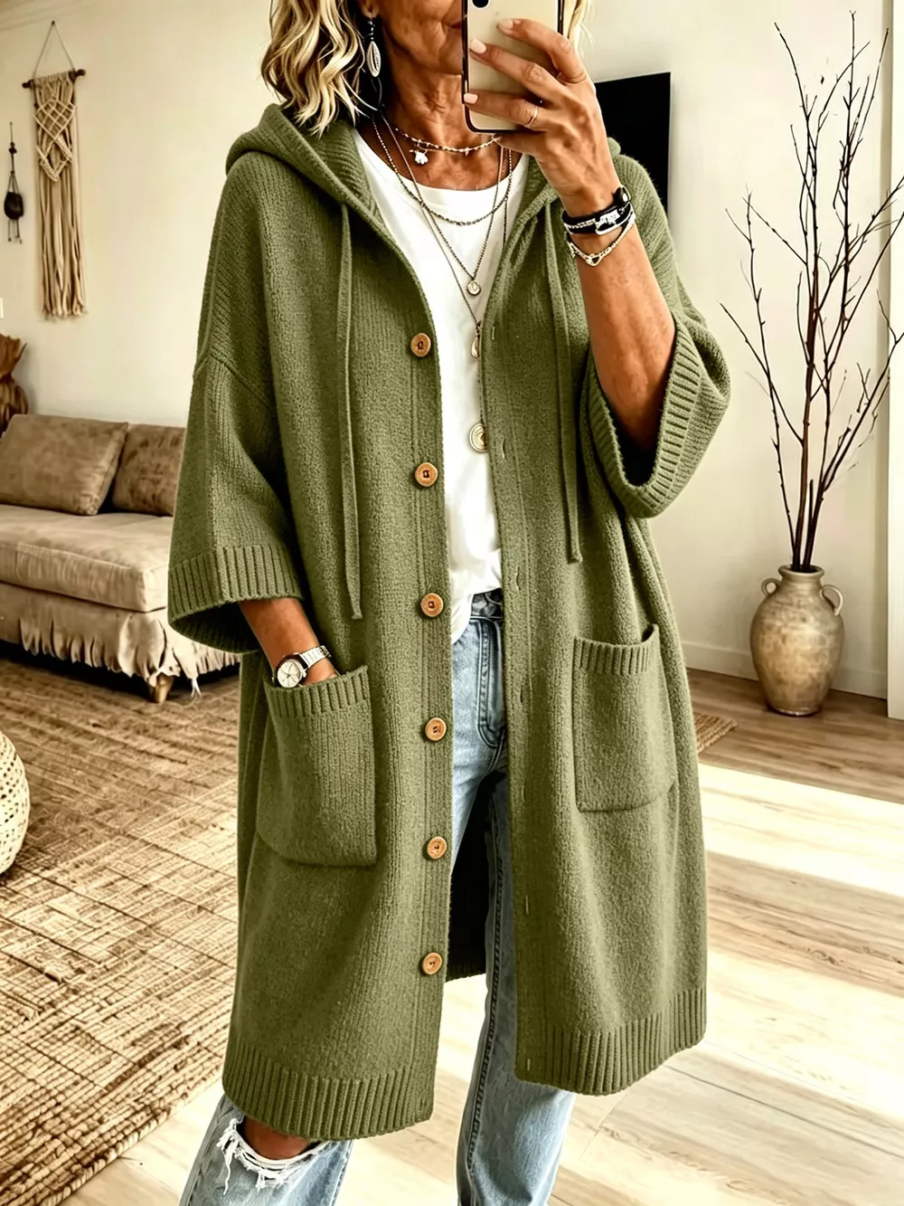 Hooded Button-Down Knit Cardigan with Pockets, image 6