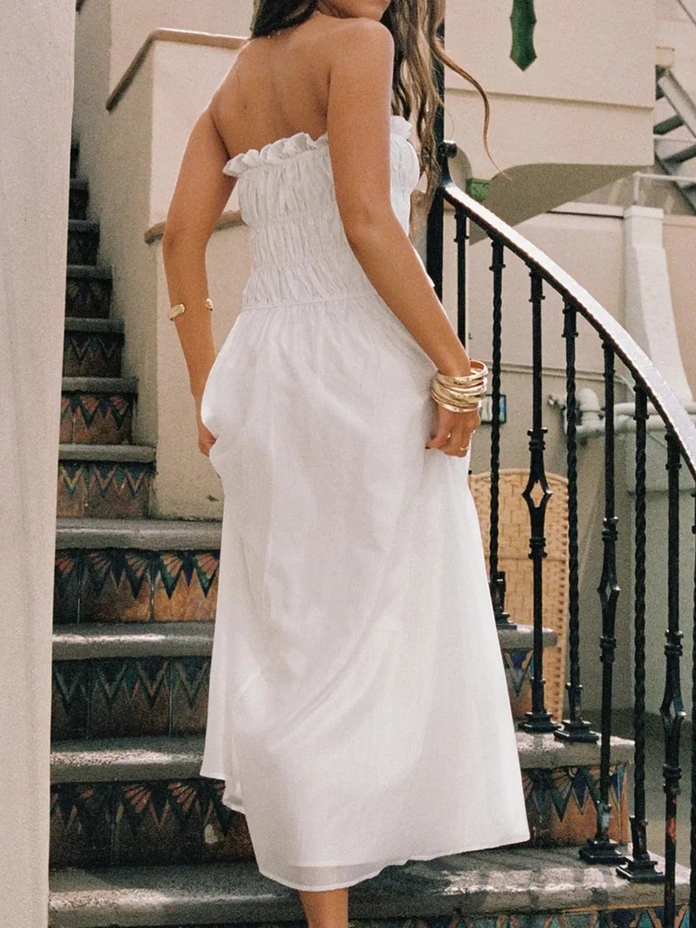 Strapless Smocked Mini Dress with Asymmetric Hem, image 4