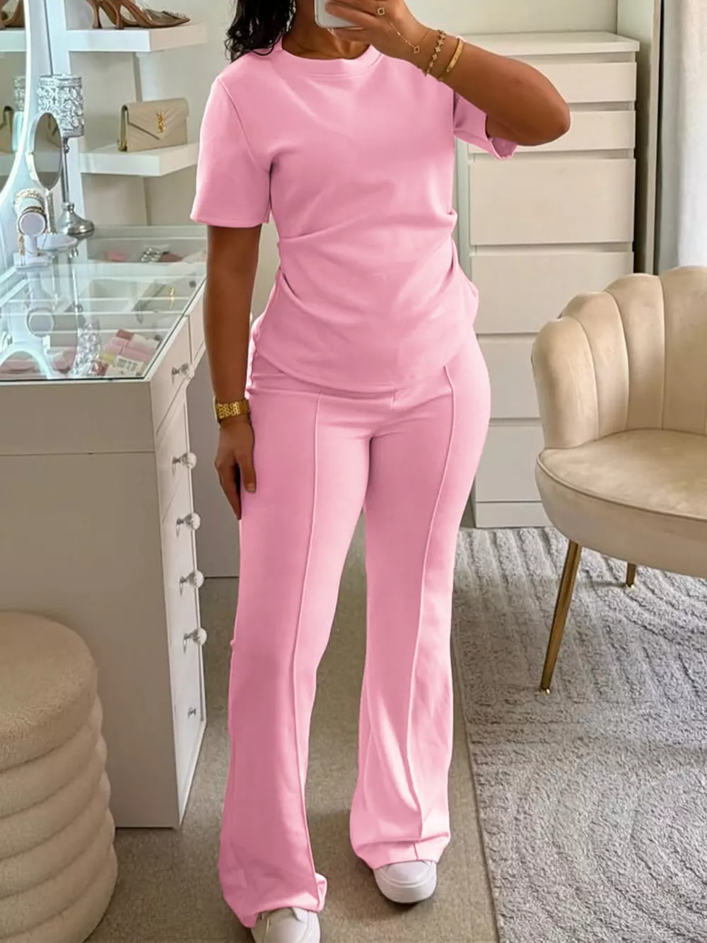 Round Neck Short Sleeve Top and Pants Set, image 3