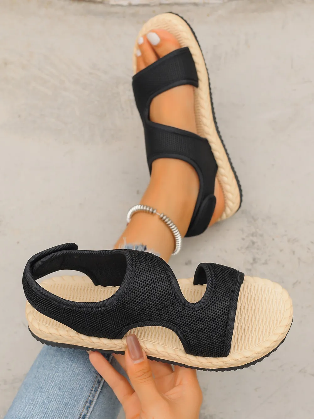 Open Toe Mesh Flat Sandals, image 5