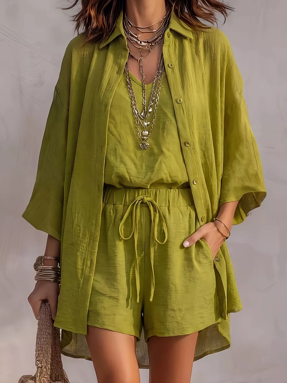V-Neck Tank & Button-Down Shirt and Shorts Set