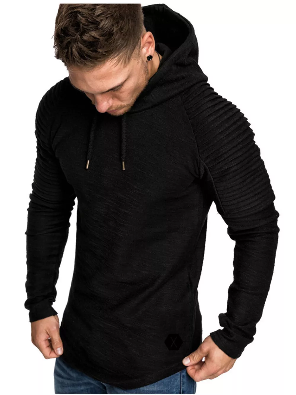 Men's Plus Size Slim Fit Ribbed Hoodie with Drawstring, image 3