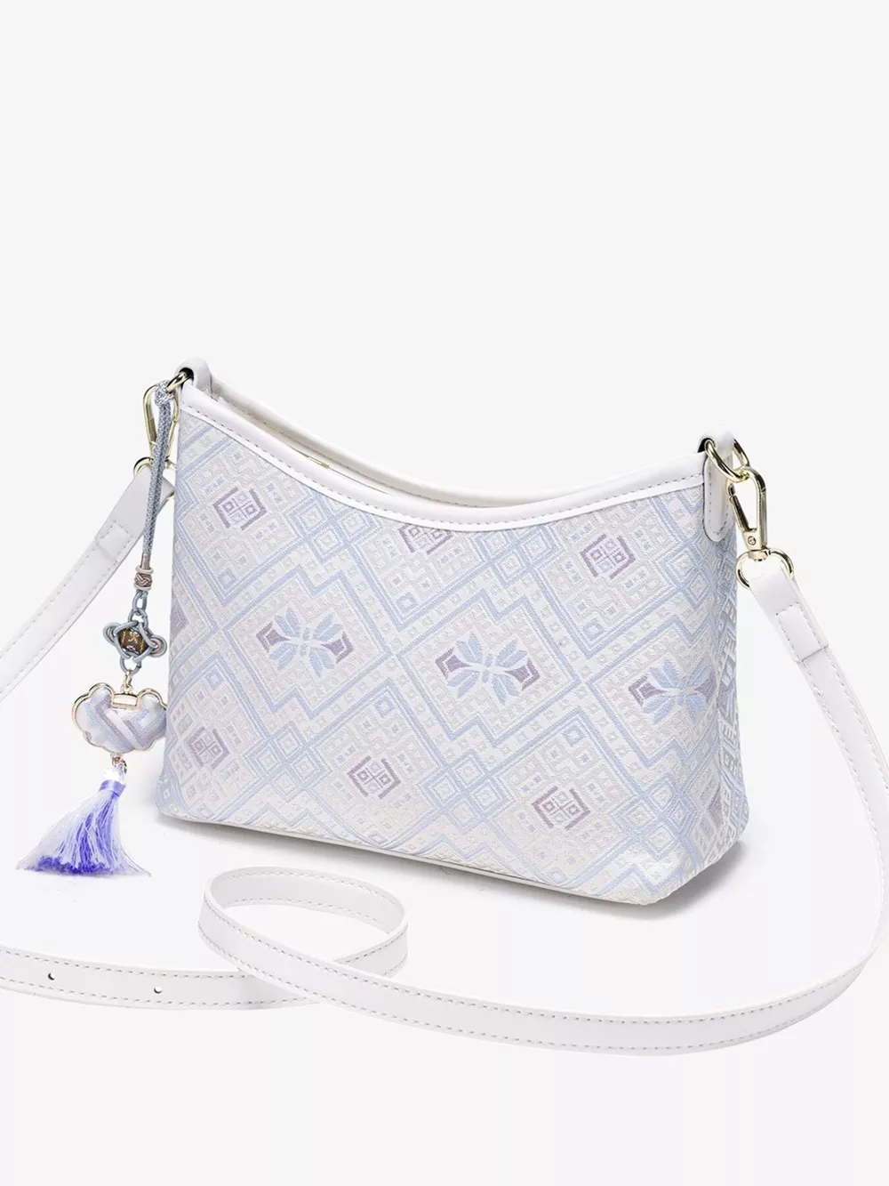 Geometric Pattern Jacquard Crossbody Bag with Tassel Charm, image 6