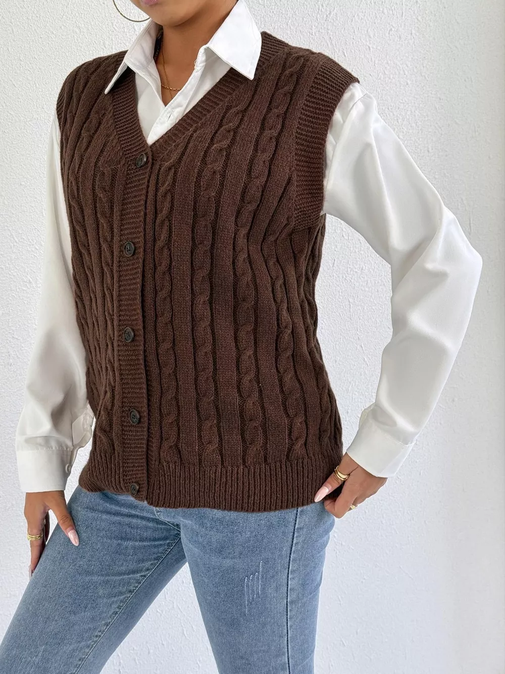 Cable-Knit Button-Up Sweater Vest, image 4