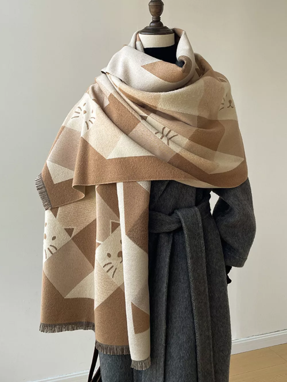 Cute Cat Pattern Plaid Raw Hem Scarf, image 2