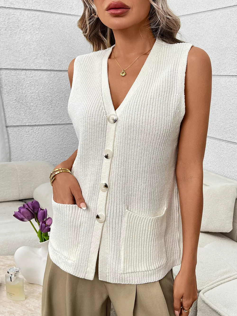 Button-Down Knit Sweater Vest, image 4