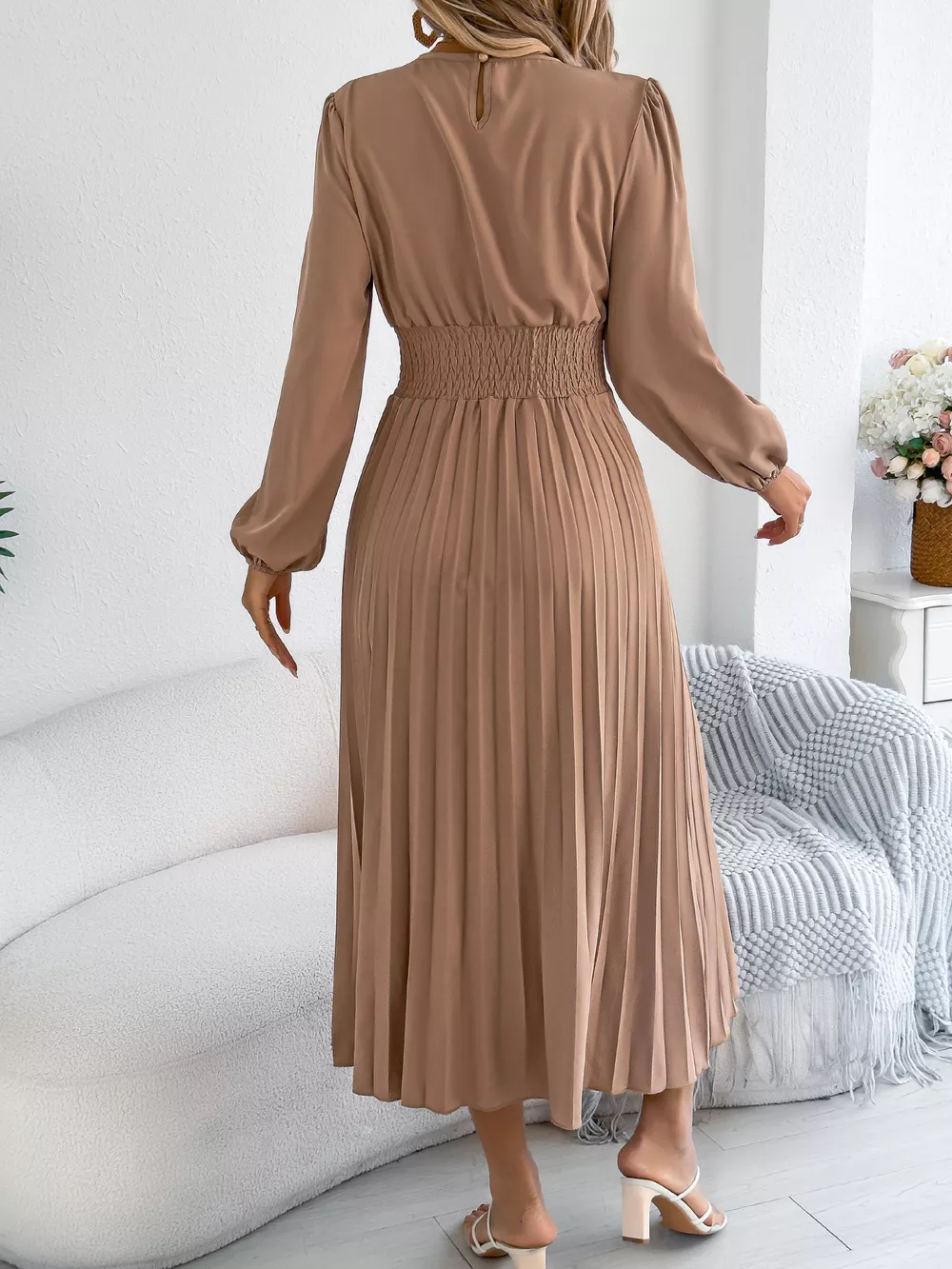 Smocked Pleated Long Sleeve Midi Dress, image 7