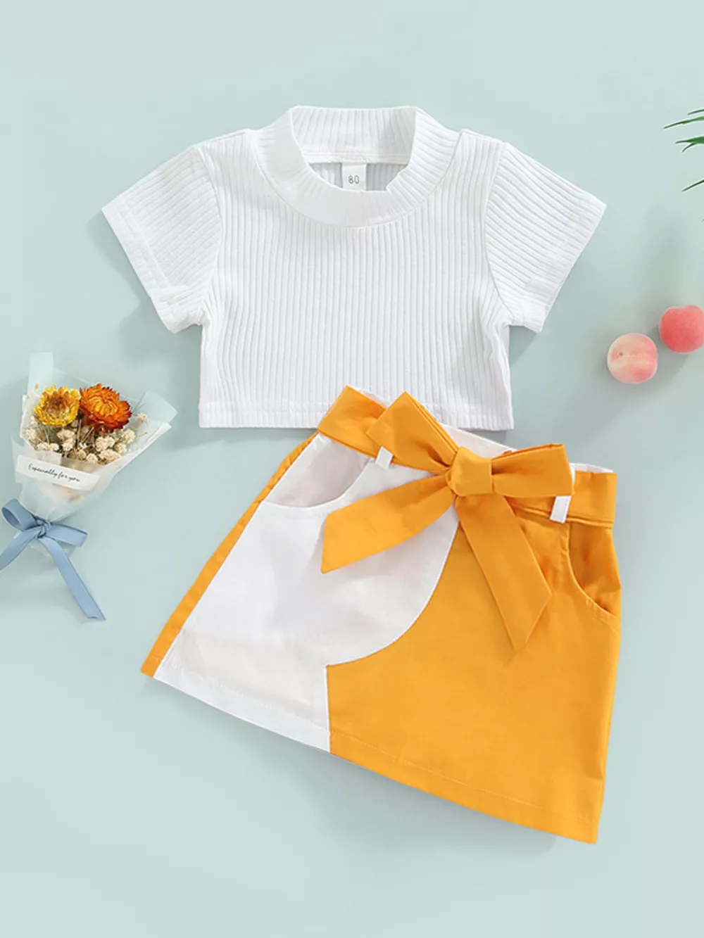 Children's Ribbed Knit Top & Bow Decor Skirt Set, image 11