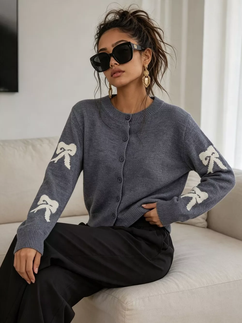 Floral Crew Neck Cropped Knit Cardigan, image 15