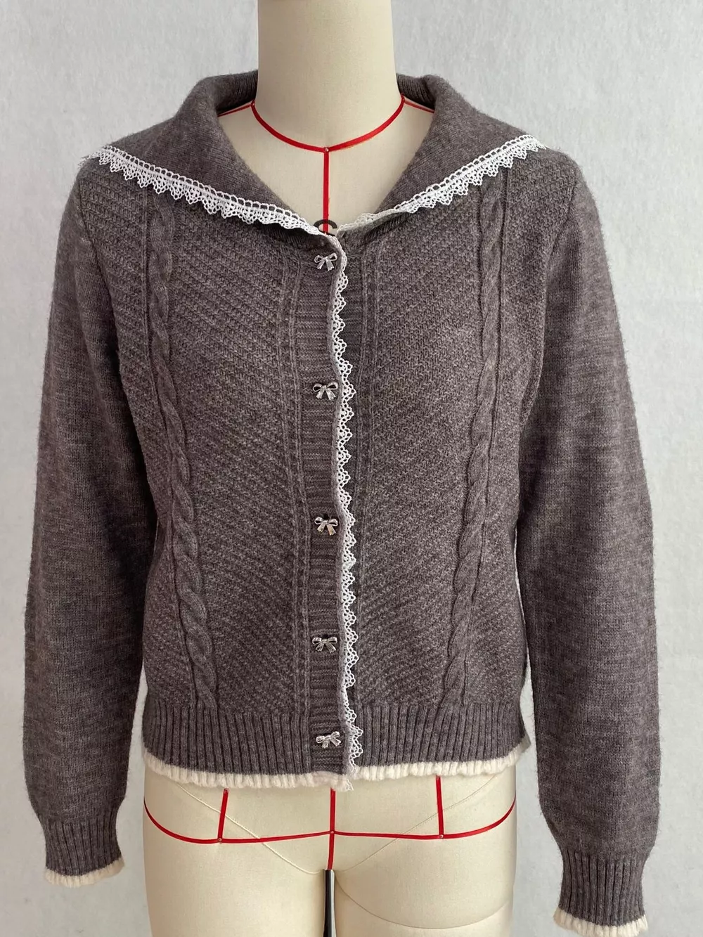 Cable-Knit Cardigan with Lace Trim, image 10