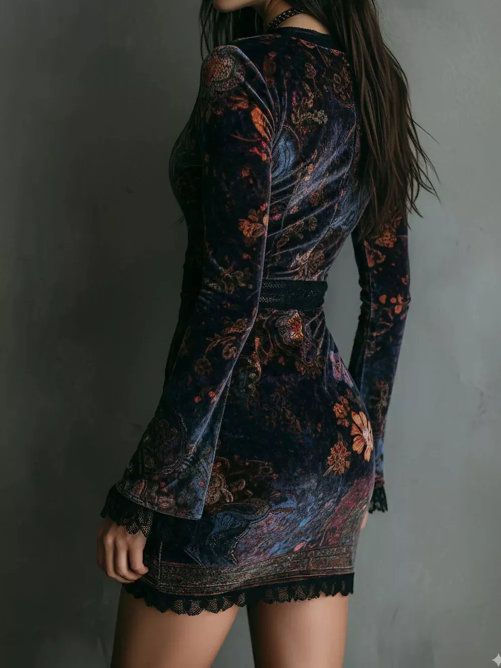 Lace Detail Floral Velvet Mini Dress, image 2