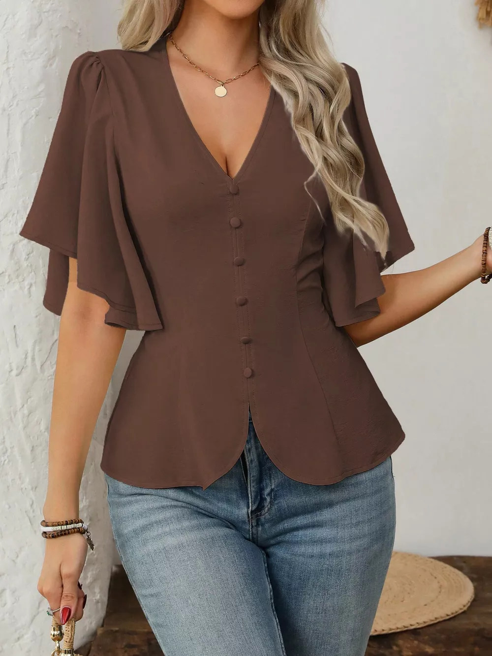 V-Neck Flutter Sleeve Blouse, image 15