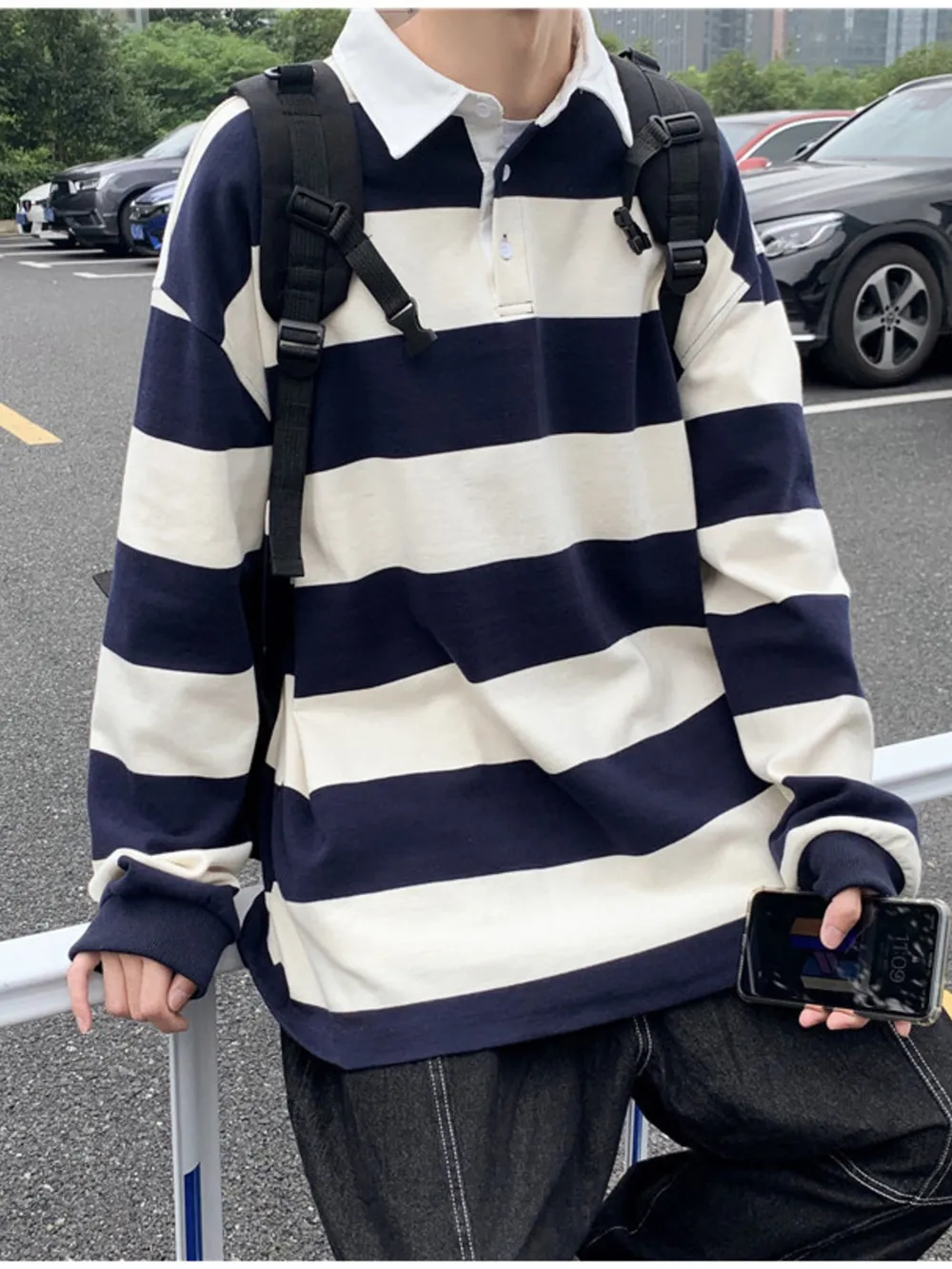 Men's Contrast Striped Long Sleeve Polo