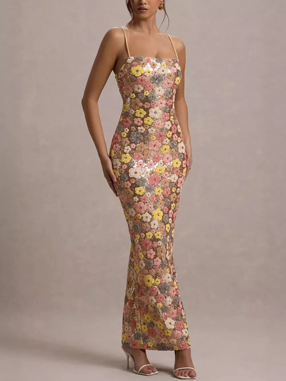 Floral Sequin Embellished Bodycon Maxi Dress