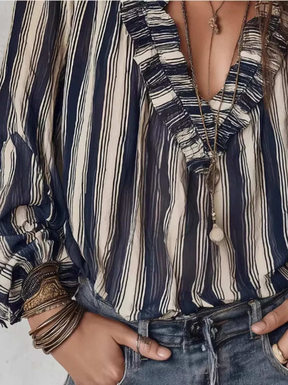 Striped Balloon Sleeve Blouse, image 4