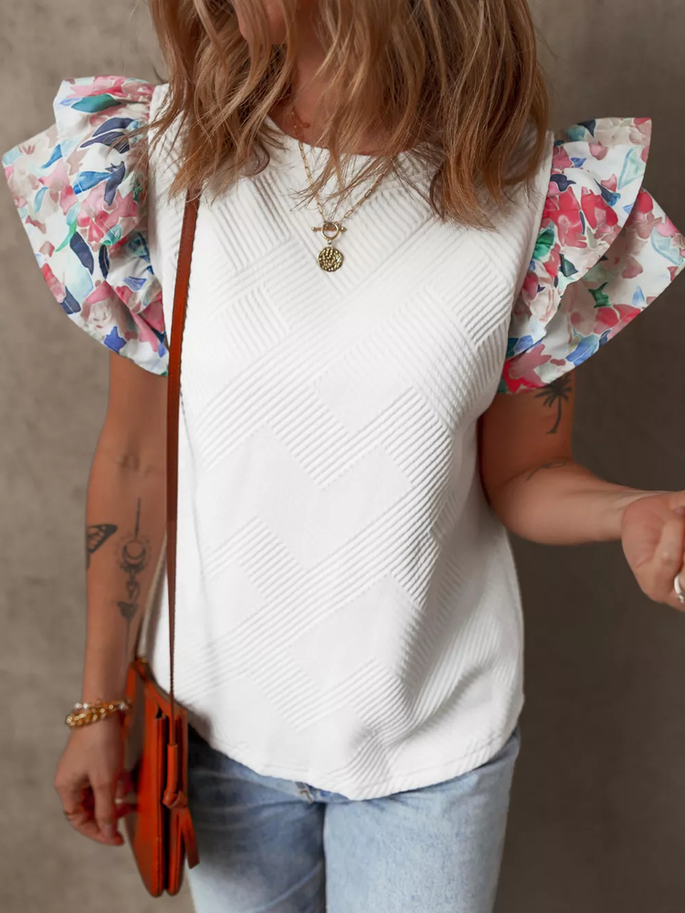 Abstract Print Tiered Ruffled Sleeve Textured Knit Top, image 5