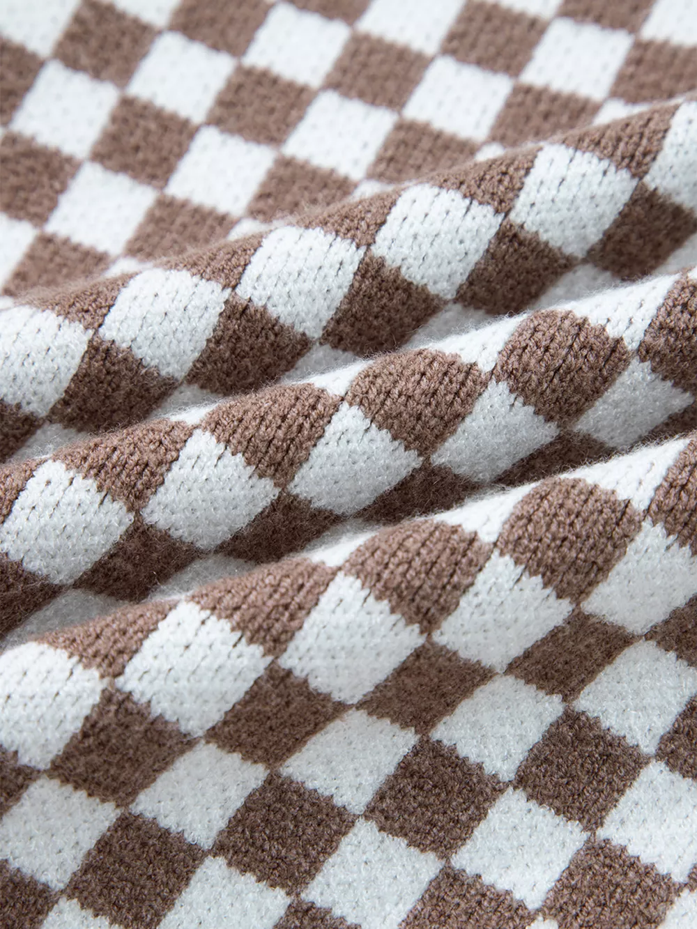 Half Button Ribbed Trim Checkerboard Knit Sweater, image 13